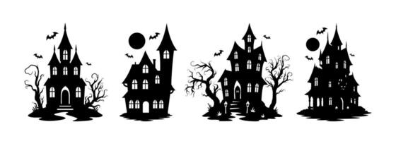 Set of haunted house silhouettes with bats, creepy trees, and spooky elements. Ideal for Halloween themed designs, invitations, and decorations. vector