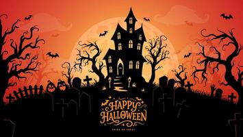 Spooky Halloween background with haunted house, graveyard, creepy trees, bats, and full moon. Ideal for party invitations, banners, or seasonal designs. vector