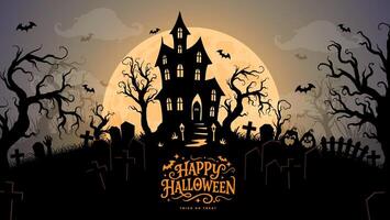 Spooky Halloween background with haunted house, graveyard, creepy trees, bats, and full moon vector