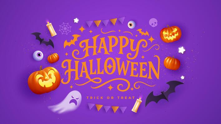 Halloween banner template with a dark background and spooky scene. Features eerie elements, ideal for website backdrops or Halloween-themed promotional designs.