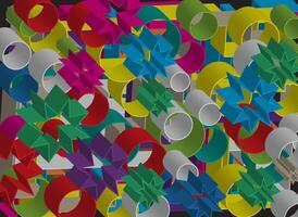 Abstract background full of 3D elements in the form of stars and colorful tubes such as red, green, blue and yellow that overlap dynamically vector
