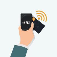Hand hold phone with NFC and card graphic design vector