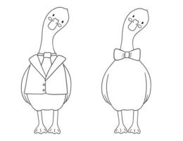 Cute baby goose wearing bow, jacket and tie . Funny cartoon outline bird isolated on white background for childish coloring book and page vector