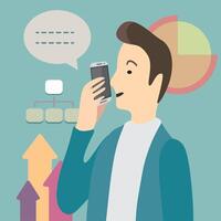A man holding a mobile phone, conveying a message, with business diagrams in the background vector