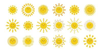 Cute set of sun illustrations with different rays. Happy smiling sun for sticker. Collection of yellow children's emoticons. Sun clipart. Design element. vector