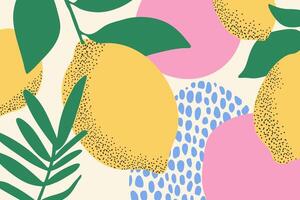 Hand-drawn lemons and abstract blobs on beige background. Fresh citrus design in trendy naive style vector
