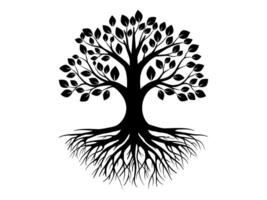 Tree of life silhouette logo spreading roots and branches. vector