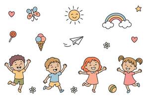horizontal banners on cloud. illustration little kid playing with friend and feeling happy. illustration Jumping, dancing, joyful children. Colorful funny characters. World vector