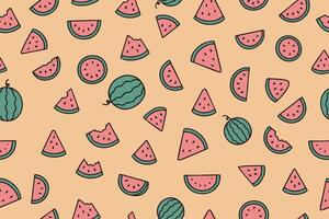 Seamless pattern of watermelon, with whole and cut pieces scattered on beige background. Doodle style. Perfect for summer designs and promotional materials. vector