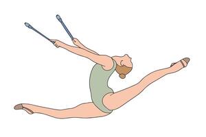 Rhythmic gymnast executes a graceful split leap holding clubs in both hands, showcasing athleticism and flexibility in a dynamic pose. Ideal for sports and fitness themes. vector