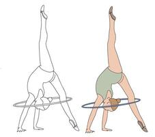 Elegant slim girl with a hoop - hand drawn rhythmic gymnastics. Black and white and color illustration in doodle style on a white background. vector