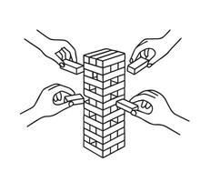 illustration depicting multiple hands delicately removing blocks from a Jenga tower. The image captures the tension and focus inherent in the game, emphasizing teamwork and strategy. vector