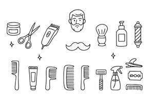 illustration with various barber tools and accessories including scissors, clippers and combs. Doodle style. perfect for design and styling concepts. vector