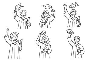 Happy graduates with graduation caps and diplomas or certificates. Collection of silhouettes of celebrating graduates in different poses. Doodle style. vector