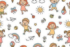 Seamless pattern with cute jumping, dancing, happy boys and girls. Colorful funny characters. World Children's Day with happy kids. Color colorful illustration. vector