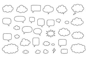Speech bubbles. Empty comic dialog boxes. Hand drawn text places. Funny doodle style. Various outline shapes. Communication windows. Dialogue stickers. Thinking clouds. illustration vector