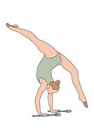 illustration of a rhythmic gymnast executing a handstand with clubs. The athlete demonstrates flexibility and balance, showcasing gymnastic skills in an artistic pose. vector