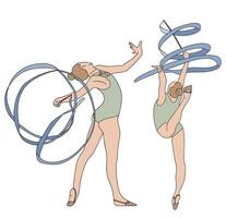 Rhythmic gymnast performs a dance with a ribbon. Healthy lifestyle and sport concept. Black and white and color. Bright illustration in doodle style on white background vector