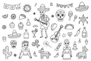 Elements of Day of the Dead in Mexico. Skeletons in a hat with maracas, sugar skull. vector