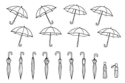 Set of open and closed umbrellas in doodle style. Hand drawn umbrellas. illustration on white background. vector
