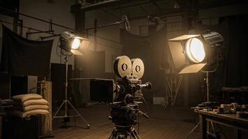 Setting Up Vintage Film Camera and Lights on a Movie Set video