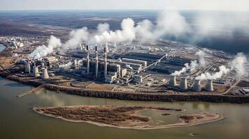 Aerial View of Industrial Complex with Smoke Near River and Bare Trees video