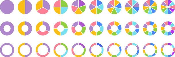 Pie charts diagram set. Pie chart divided equal parts. Progress sectors. ring percentage wheel. Charts diagram segment infographic vector