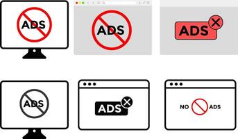 ad block icon set. No ads icon. Remove advertisement logos. Ads with prohibition marks vector