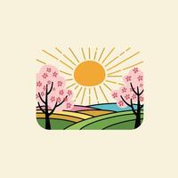 Logo design of spring landscape with trees and sun vector