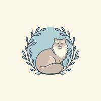 Logo design of a cat sitting in a wreath of leaves vector