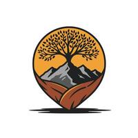 Tree on a mountain logo design vector