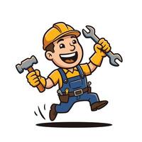 Logo design of a cartoon man in overalls holding a wrench and a hammer vector