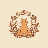 Logo design of a cat sitting in a lotus position with leaves around it vector
