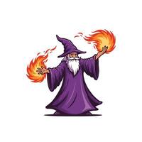 Logo design of a cartoon wizard with fire in his hands vector