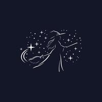 Logo design of a witch with a broom flying over stars in the sky vector