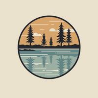 Logo design of a lake and trees within a circle with a black border vector