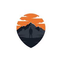 Logo design of a man standing in front of a mountain under the orange sky vector