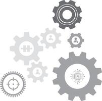 Business mechanism concept. Business process automation with gear icons, robotics, artificial intelligence, and management symbols for industrial efficiency and innovation. vector