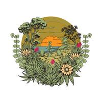 A sun setting over a field of plants and flowers vector