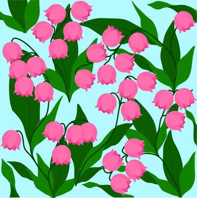 Pink Lily of the Valley Seamless Floral Pattern on Blue Background