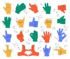 Gestures and hands showing non verbal elements of communication. isolated open palm and rebellion symbols with doodles. Thumb up and down, rock and roll and okay, peace and first up vector
