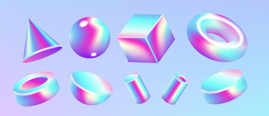 3d holographic geometric primitive shape set . Realistic 3d sphere, torus, cube, tube. Glossy holographic geometric shapes. Iridescent trendy design, thin film effect.