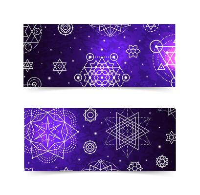 Sacred Geometry Backgrounds. Dark Blue and Purple Nebula Geometric Background with Esoteric style Symbols