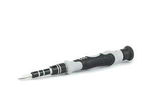 A black and white pen with a black handle photo