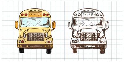 Hand drawn vintage sketch of yellow school bus with monochrome version on grid notebook background vector
