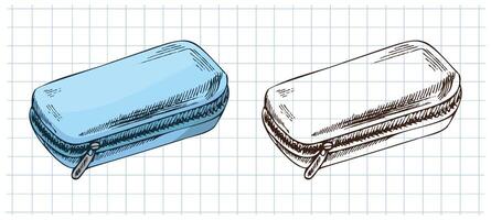 Hand-drawn vintage sketch of blue pencil case in color and monochrome version on grid notebook background, illustration vector