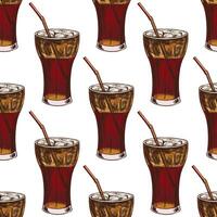 Hand drawn vintage seamless pattern of cold soda drink with ice and straw in glass, color illustration vector