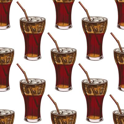 Hand drawn vintage seamless pattern of cold soda drink with ice and straw in glass, color illustration