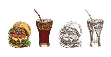 Hand drawn vintage sketch of cheeseburger with soda drink in color and monochrome version, isolated vector