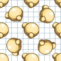 Hand drawn vintage seamless pattern of simple molecule model on grid notebook background in yellow pastel sketch style vector